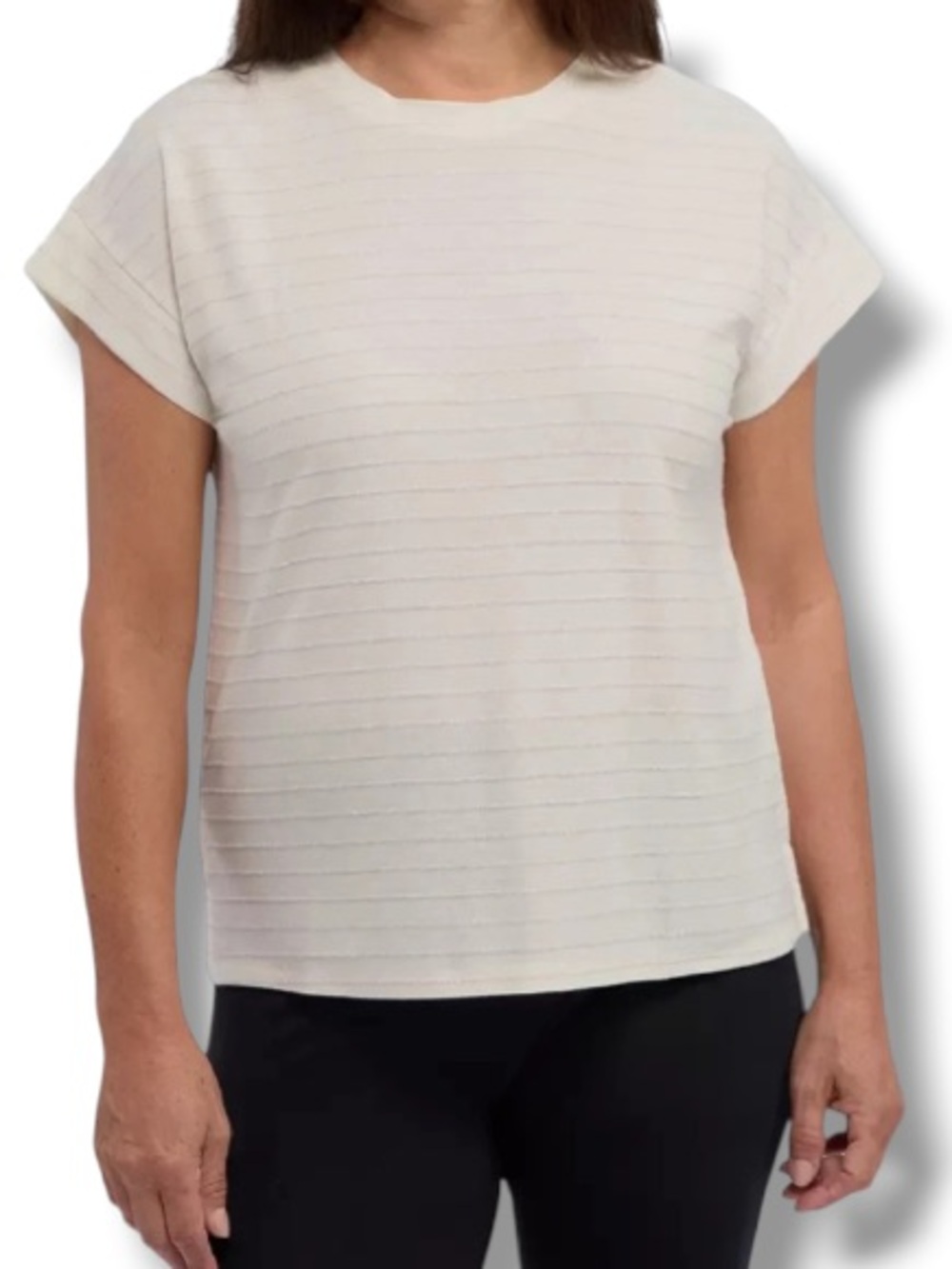 Ellen Tracy Women’s Ivory Cream Short Sleeve Crewneck Top Silver Shimmer Stripes